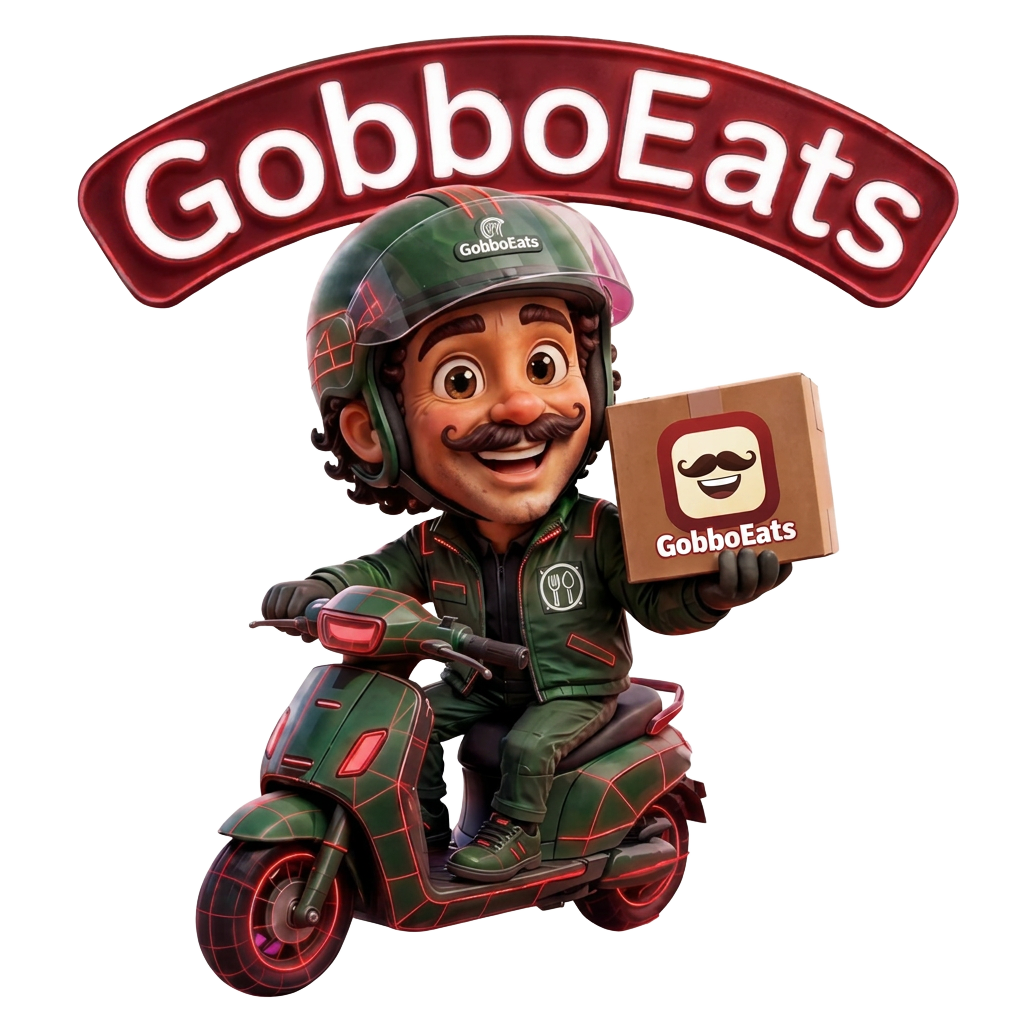 GobboEats Logo: Maskottchen liefert Essen mit dem Roller